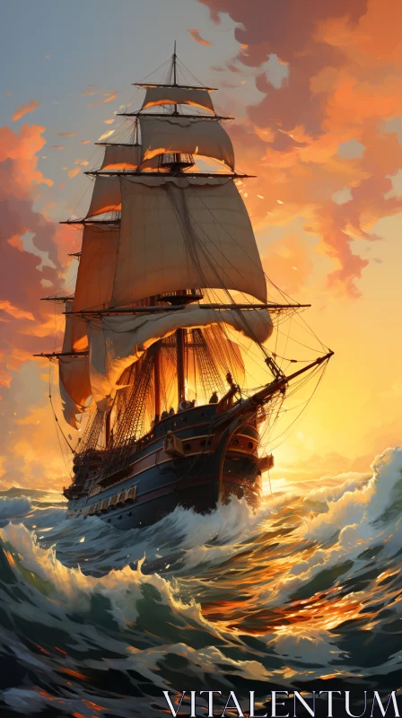 Detailed 2D Game Art of Sailing Ship at Sunset AI Image