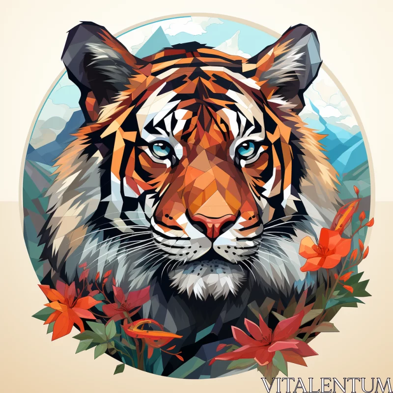 Floral Tiger Head in Landscape Realism and Himalayan Art Style AI Image