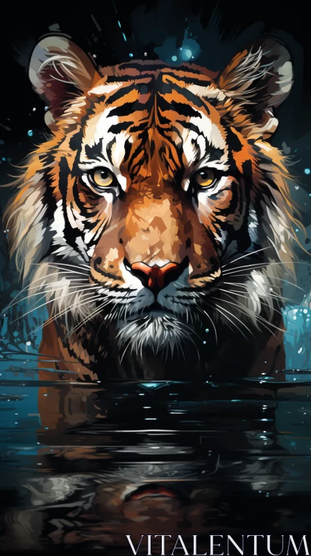 Pixel-Art Tiger in Water - Intense Gaze and Chiaroscuro Lighting AI Image