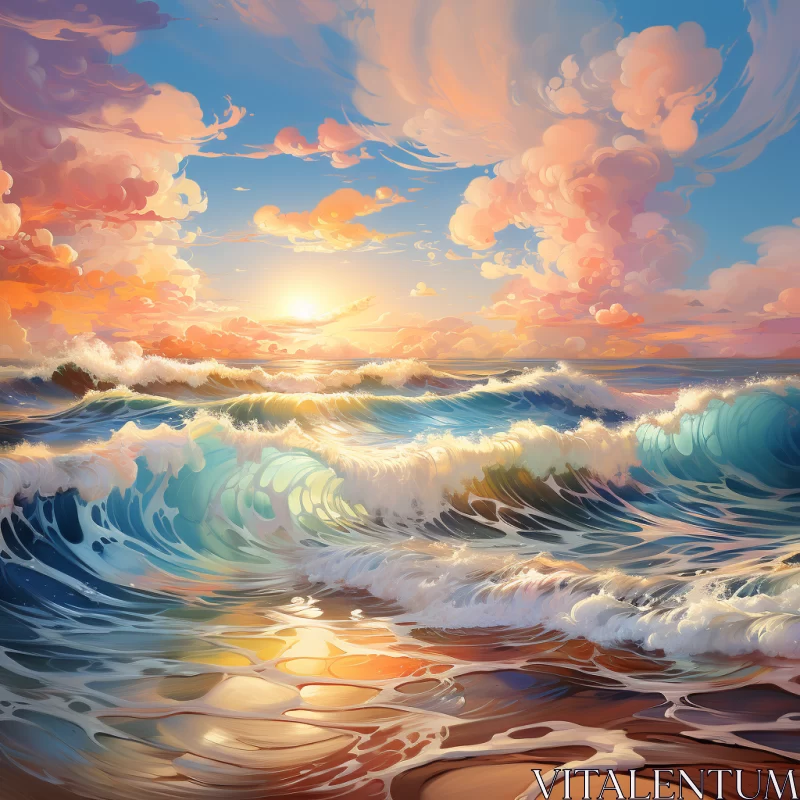 Sunset Seascape Painting with Golden Rays and Crashing Waves AI Image