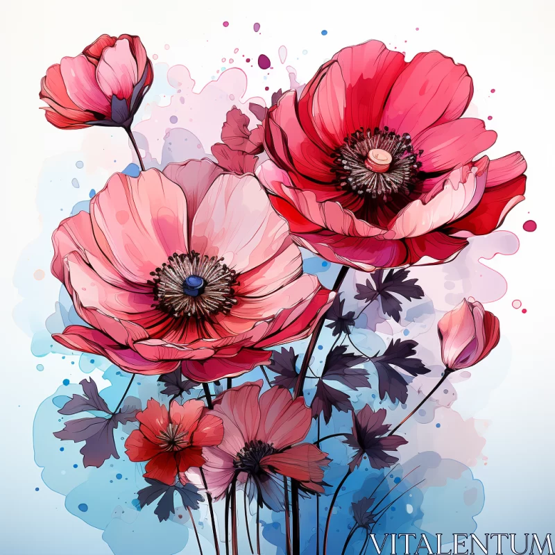 Watercolor Illustration of Red Poppies in Pink and Blue AI Image