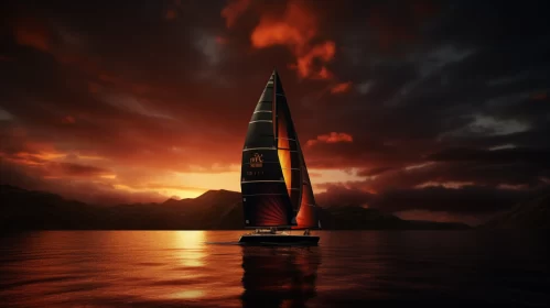 High-Resolution Maritime Image: Sailboat on Stormy Sea at Sunset AI Image