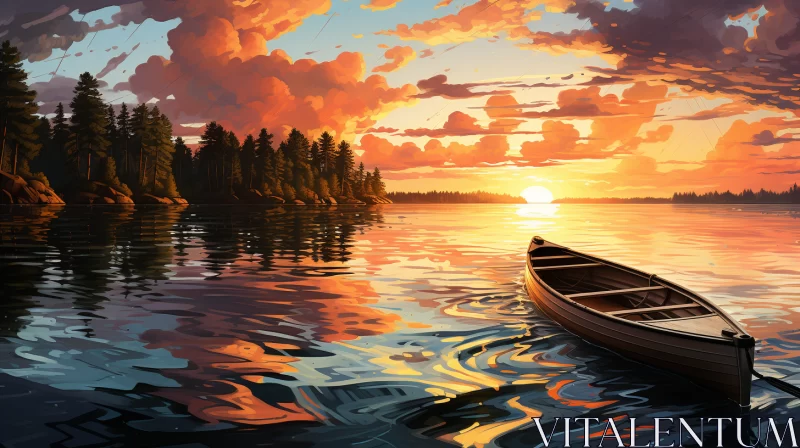Peaceful Canoe Scene on Calm Lake at Sunset with Cabincore Aesthetic AI Image