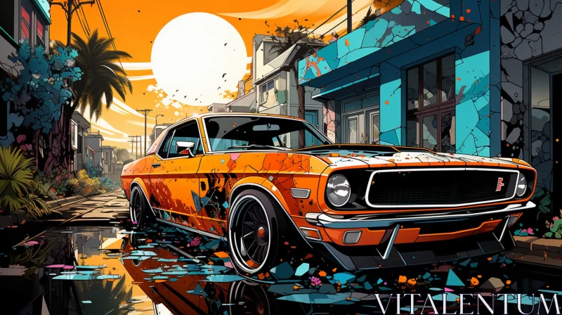 Psychedelic Artwork of Ford Mustang on City Street - AI Art images AI Image