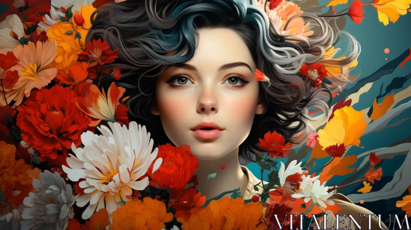 Surreal Digital Portrait of Woman with Vibrant Floral Crown and Butterflies AI Image