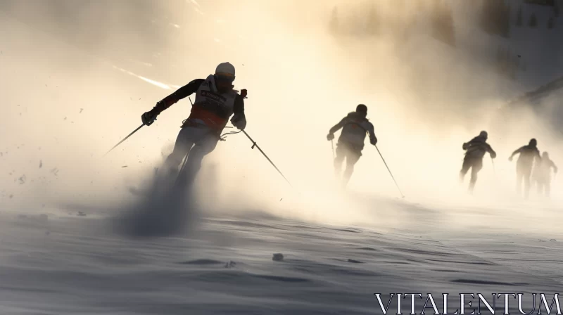 Thrilling Ski Descent on Misty Slope - High-Speed Action Photography AI Image
