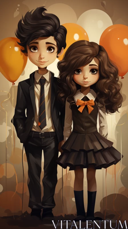 AI ART Elegantly Formal Kawaii Art: A Boy and Girl in Light Black and Orange