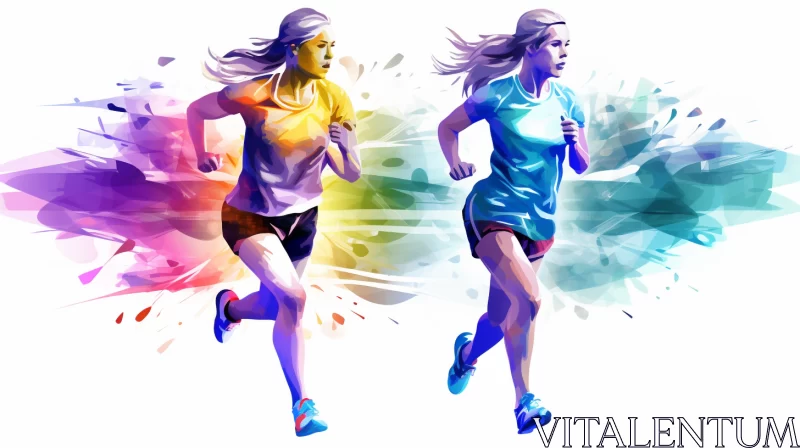 Energetic Digital Art of Girls Running with Colorful Dye Splashes AI Image