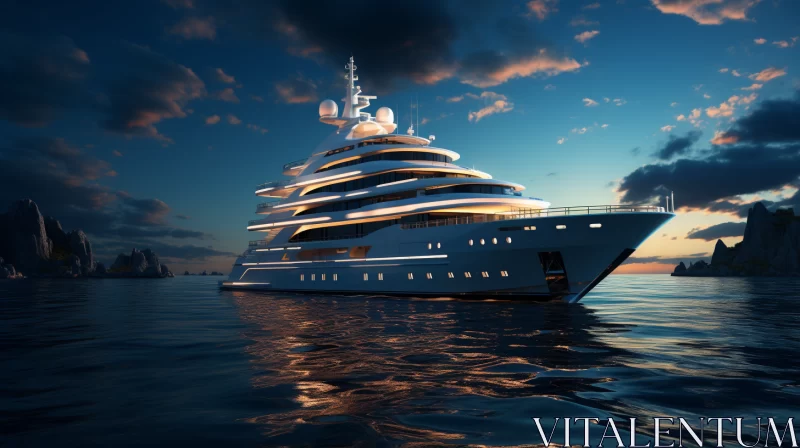 Luxurious Yacht on Dark Ocean under Surreal Sky AI Image