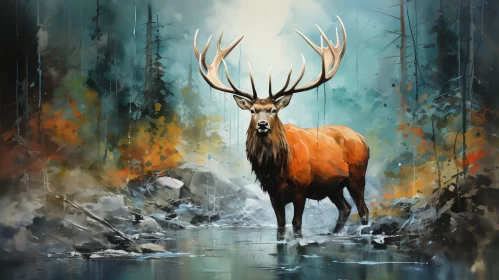 Stag in Stream - Nature-themed Artwork in Large Canvas AI Image
