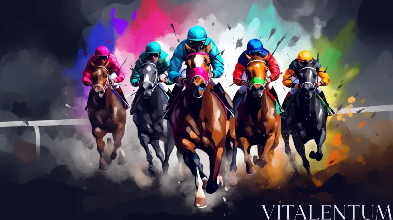 Vibrant 8K Horse Race Image with Neo-Traditional Elements AI Image