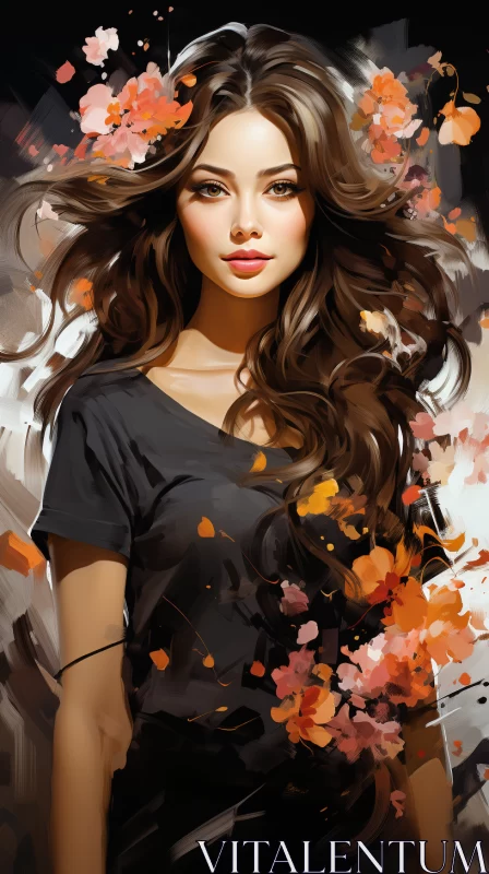 Captivating Digital Art Portrait of Graceful Girl Amidst Autumn Colors AI Image