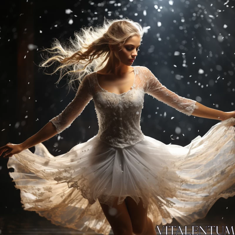 AI ART Graceful Ballerina in White Under Snowfall at Night