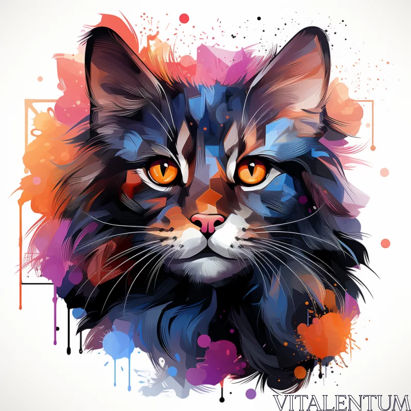 Intense Orange-Eyed Black Cat Against Abstract Colorful Backdrop AI Image