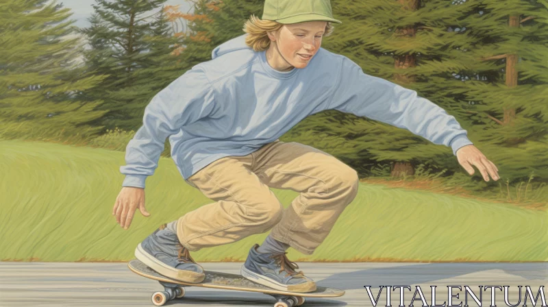 Skateboarding Boy in Serene Forest Scene - Contemporary Northwest Realism Art AI Image