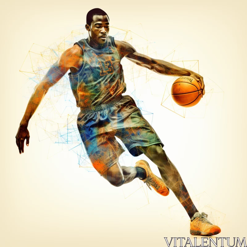 Surreal Solarized Basketball Player Art in Amber & Azure Tones AI Image