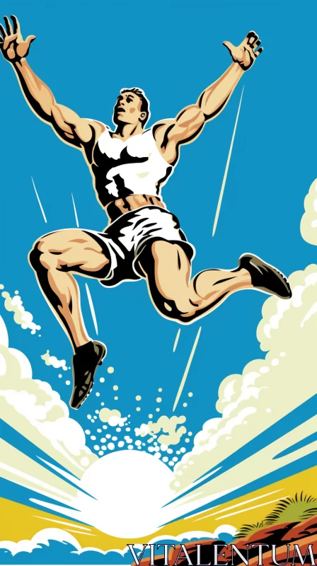 AI ART Vintage Athlete Mid-Jump Between Clouds with Art Deco Influence