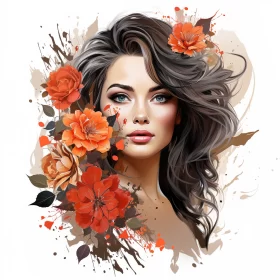 Vintage Woman Portrait with Floral Elements in Beige and Orange Tones