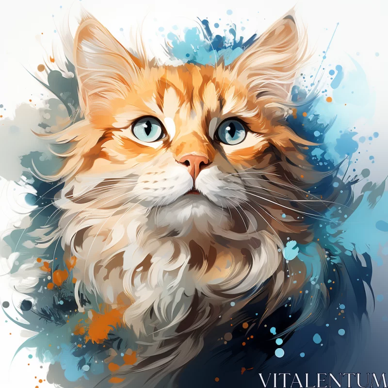 Vivid Fantasy Painting of Orange Tabby Cat with Striking Blue Eyes AI Image