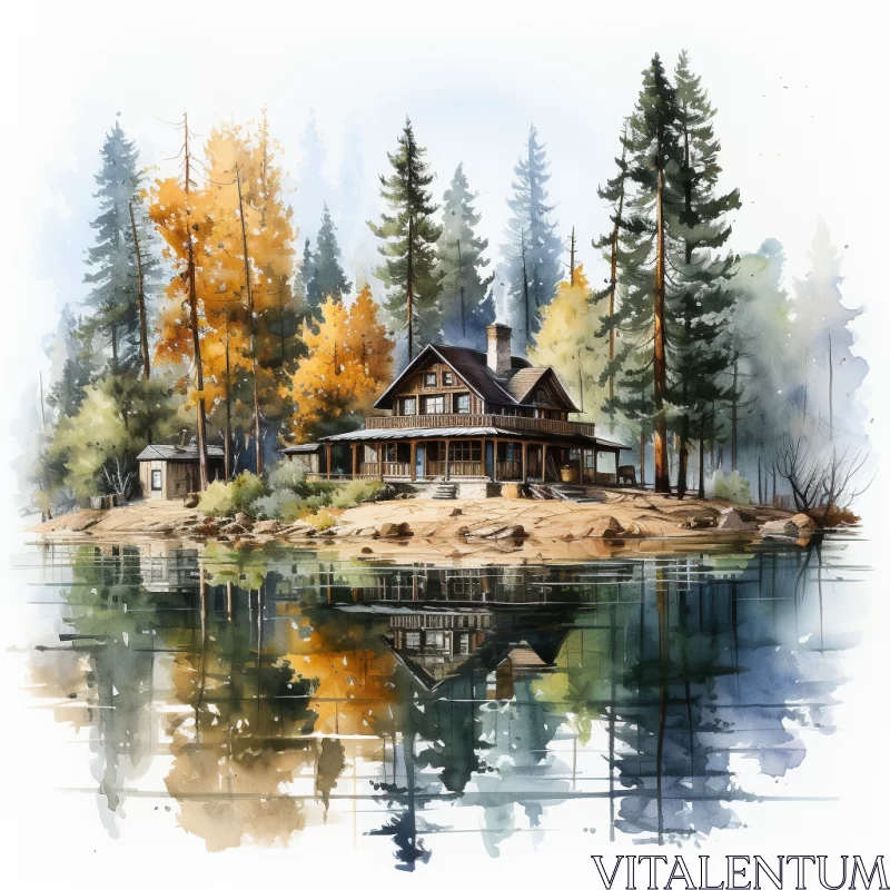 Watercolor Autumn Landscape with Old Cabin by Tranquil Lake AI Image