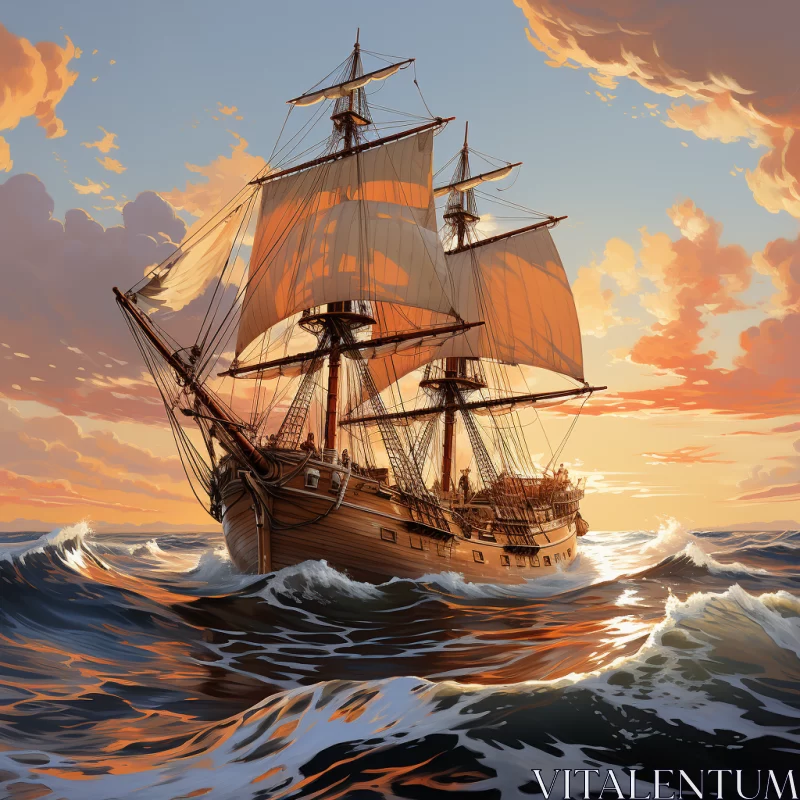 17th Century Oil Painting of Ship at Sunset AI Image