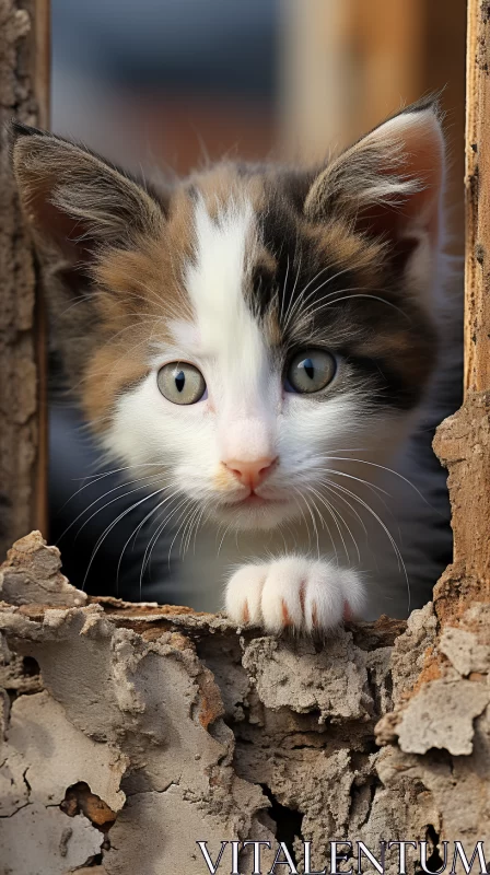 Curious Feline Peering Through Fractured Wall in Soft Focus AI Image