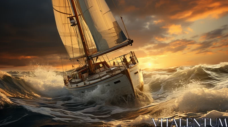 Hyper-Realistic Sailboat in Stormy Sea: A Cinematic Seafaring Artwork AI Image