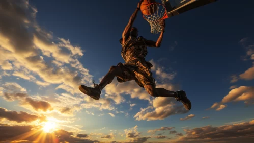Thrilling Mid-Air Basketball Dunk Scene Against Bronze Sky AI Image