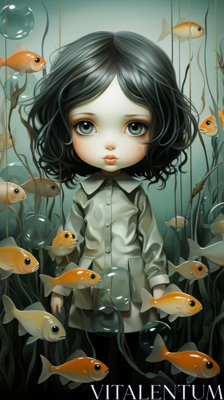 AI ART Gothic Pop Surrealism Art: Girl in Aquarium with Fish