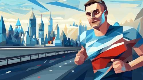 Stylized Cityscape with Athletic Man in Red Shoes AI Image