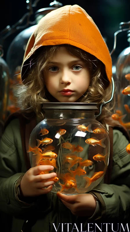 Surrealistic Art - Girl with Goldfish, Nostalgic Innocence AI Image