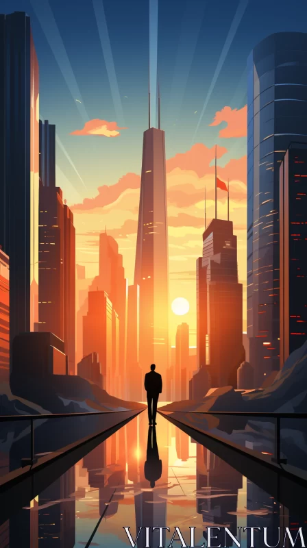 Urban Sunset Stroll: Superflat Style Cityscape with Pensive Man AI Image