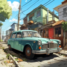 Vintage Blue Car in Anime-Styled Aged Town - AI Art images AI Image