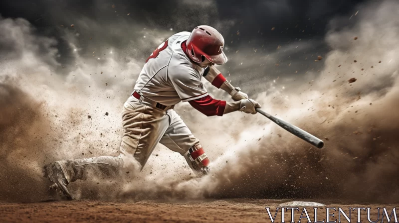Youthful Baseball Player Mid-Swing in Silver and Crimson Backdrop AI Image