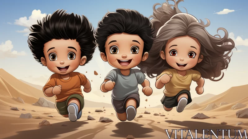 AI ART Cartoon Children Running in a Desert: A Blend of 2D Game Art and Portraiture