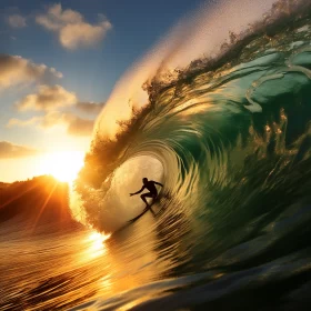 Surfer Riding Mammoth Wave in Sunset: A Dramatic Interplay of Light and Shadow with Cleancore Aesthe AI Image