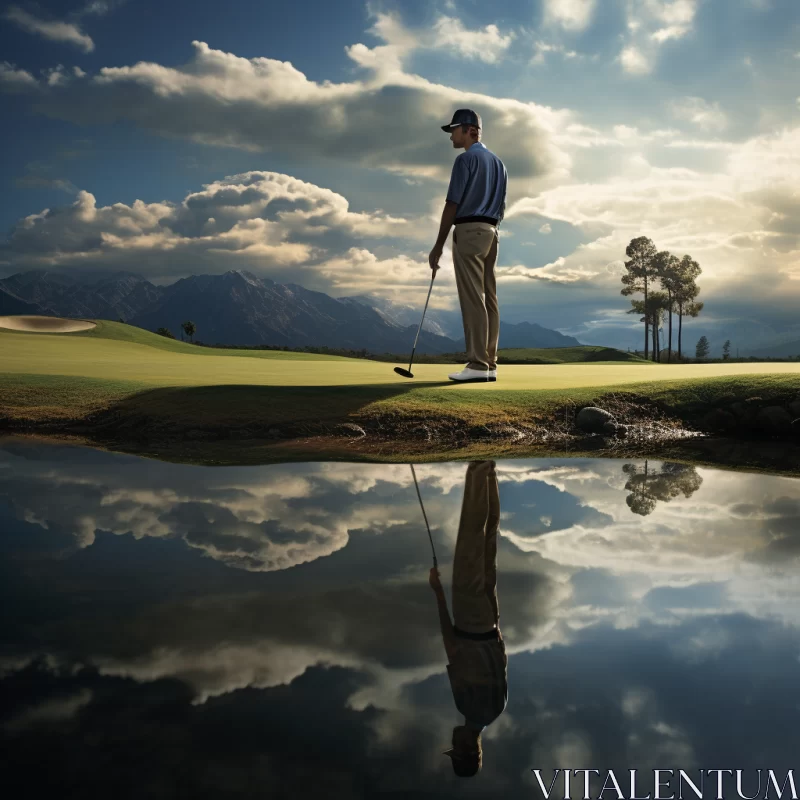 Golfer's Reflection on Green Pond with Mountain Backdrop AI Image