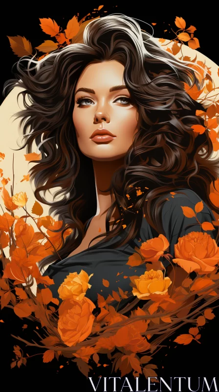 Mysterious Woman Amidst Purple Flowers in Autumnal Setting AI Image