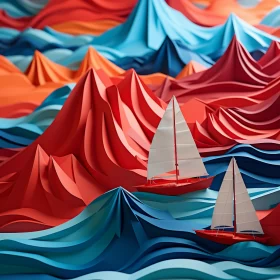 3D Paper Cutout Illustration of Colorful Sailboats on Azure Sea AI Image