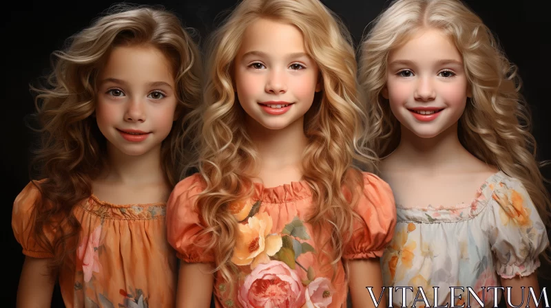 Chiaroscuro Portraits of Three Young Girls with Floral Accents AI Image
