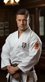 Obscured Karate Man in Pristine Uniform Against Orange Backdrop AI Image