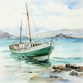 Serene Beach View with Docked Boat in Watercolor AI Image