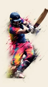 Dynamic Textural Paint Effect of a Cricket Player in Full Swing AI Image