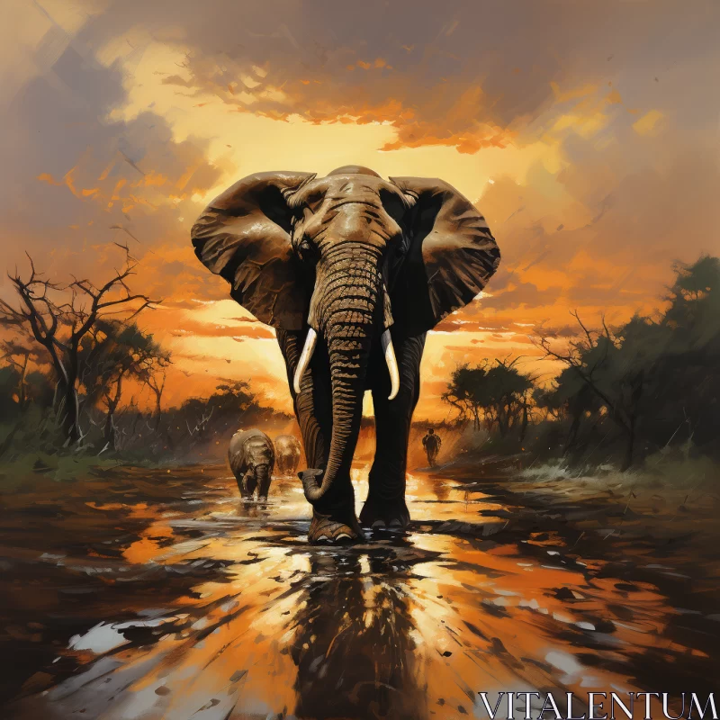 Elephants in Wilderness - A Tonalist-Inspired Realistic Artwork AI Image