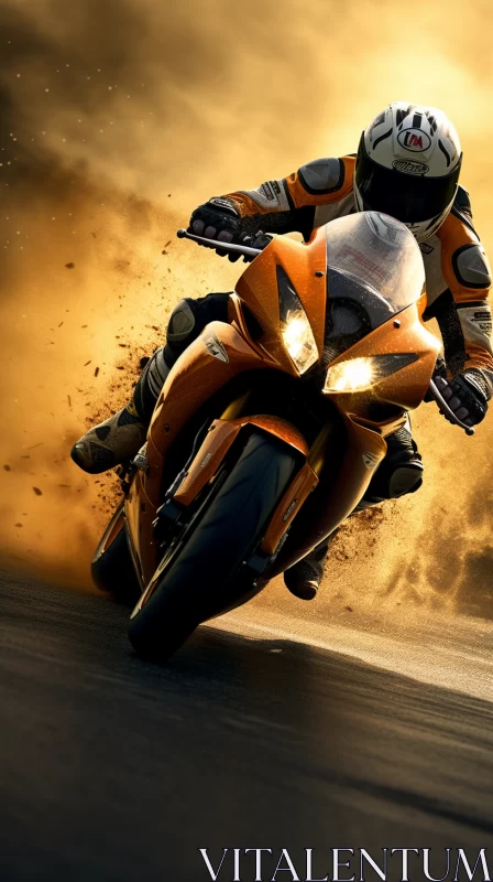 High-Definition Movie Poster-Styled Image of a Dynamic Motorcyclist Action on Orange Motorcycle AI Image