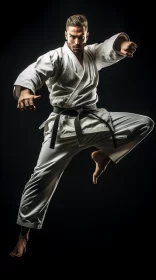 Dynamic Karate Pose in White Uniform against Dark Background AI Image