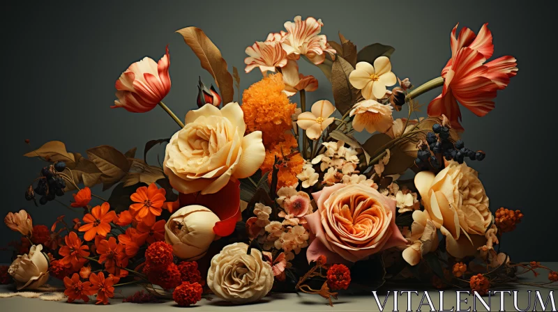 Lush Baroque-Inspired Floral Still Life in a Dark Room AI Image