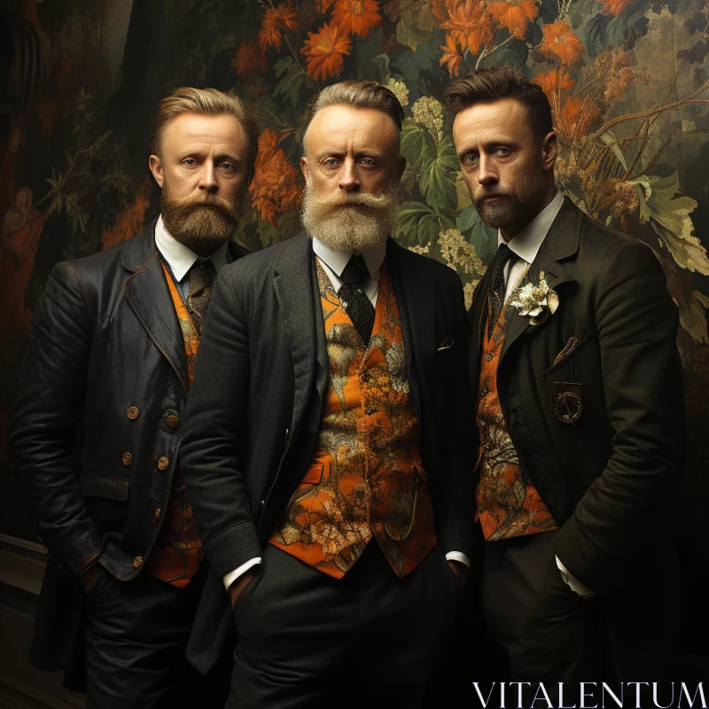 Three Men Posing by a Large Wall of Floral Patterns in Art Nouveau Style with Victorian-Era Clothing AI Image