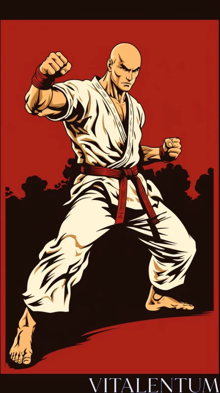 32k UHD Comic-Art Karate Fighter Image in Bronze & White with Yellow Belt on Light Red Background AI Image
