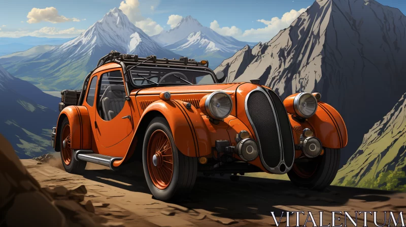 Classic Car Adventure under Rocky Mountain - Art Nouveau Inspired Illustration - AI Art images AI Image